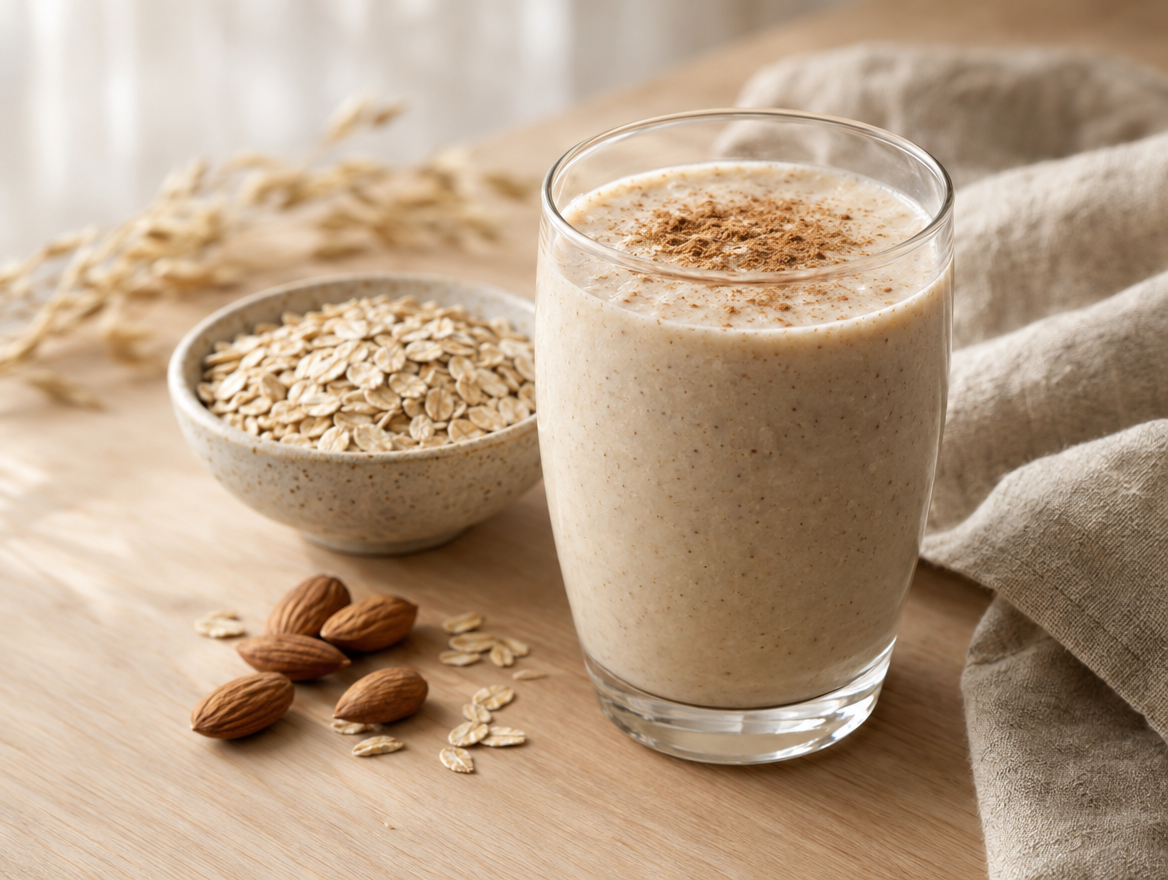 Oat milk smoothie with almonds and cinnamon
