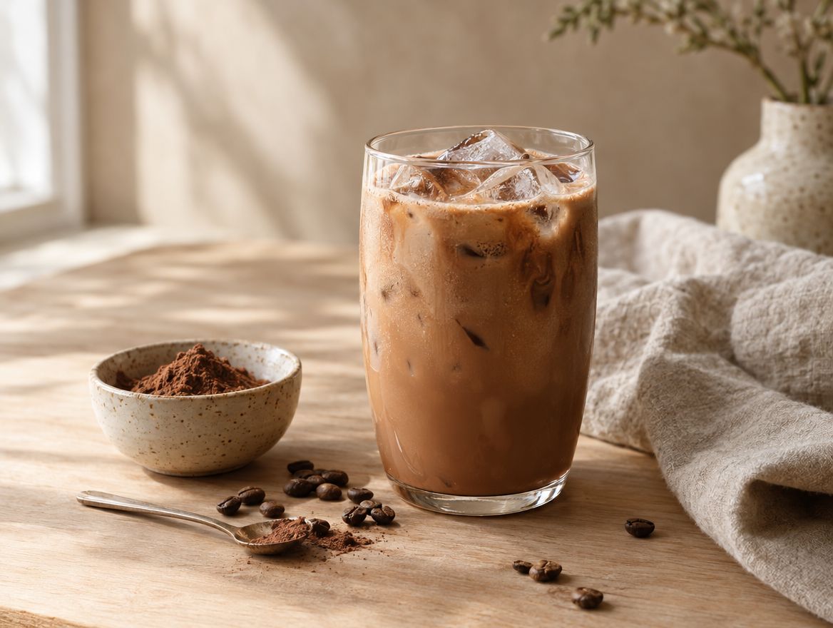 Cold coffee protein shake with cocoa