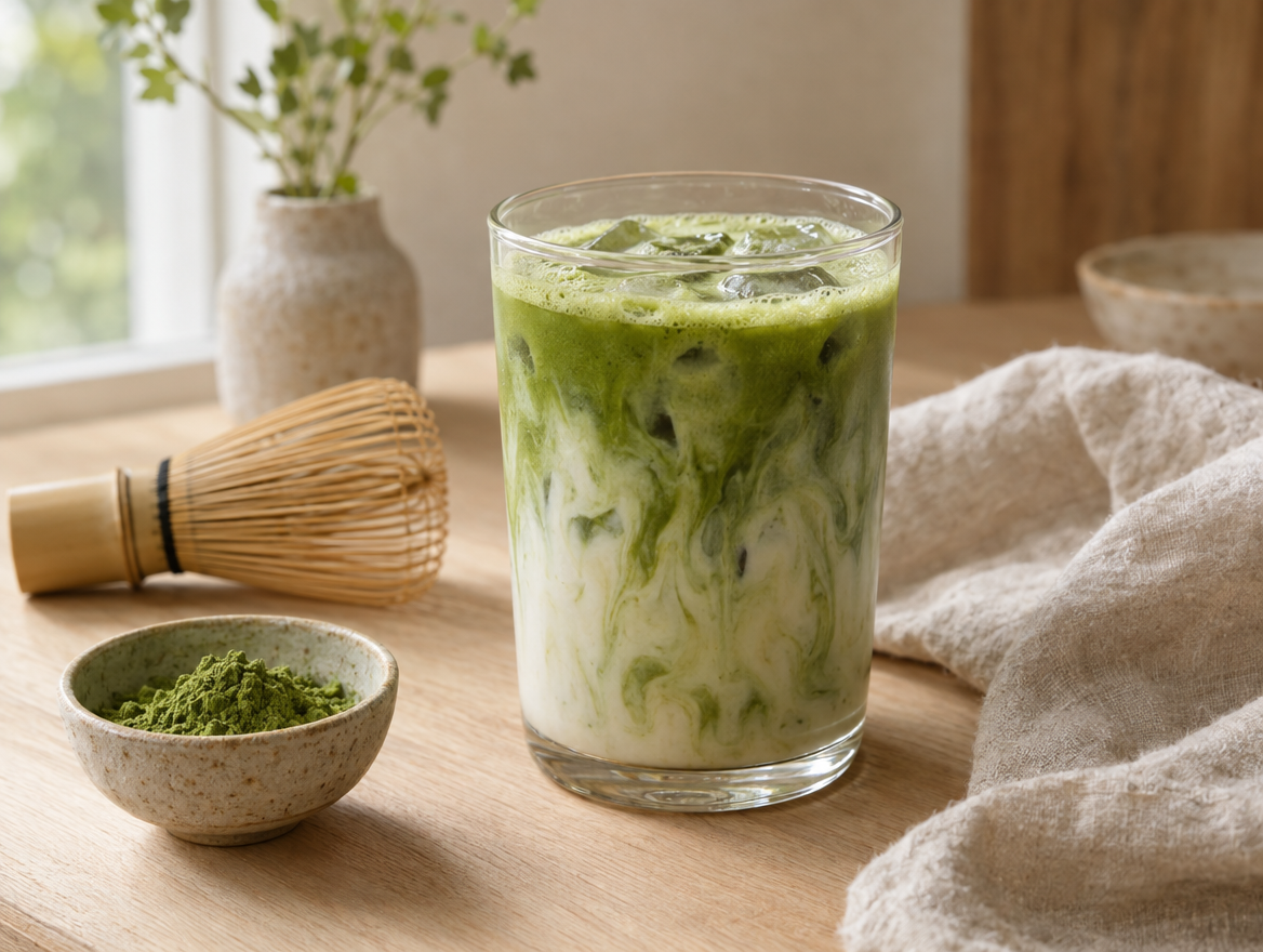 Iced matcha latte with oat milk