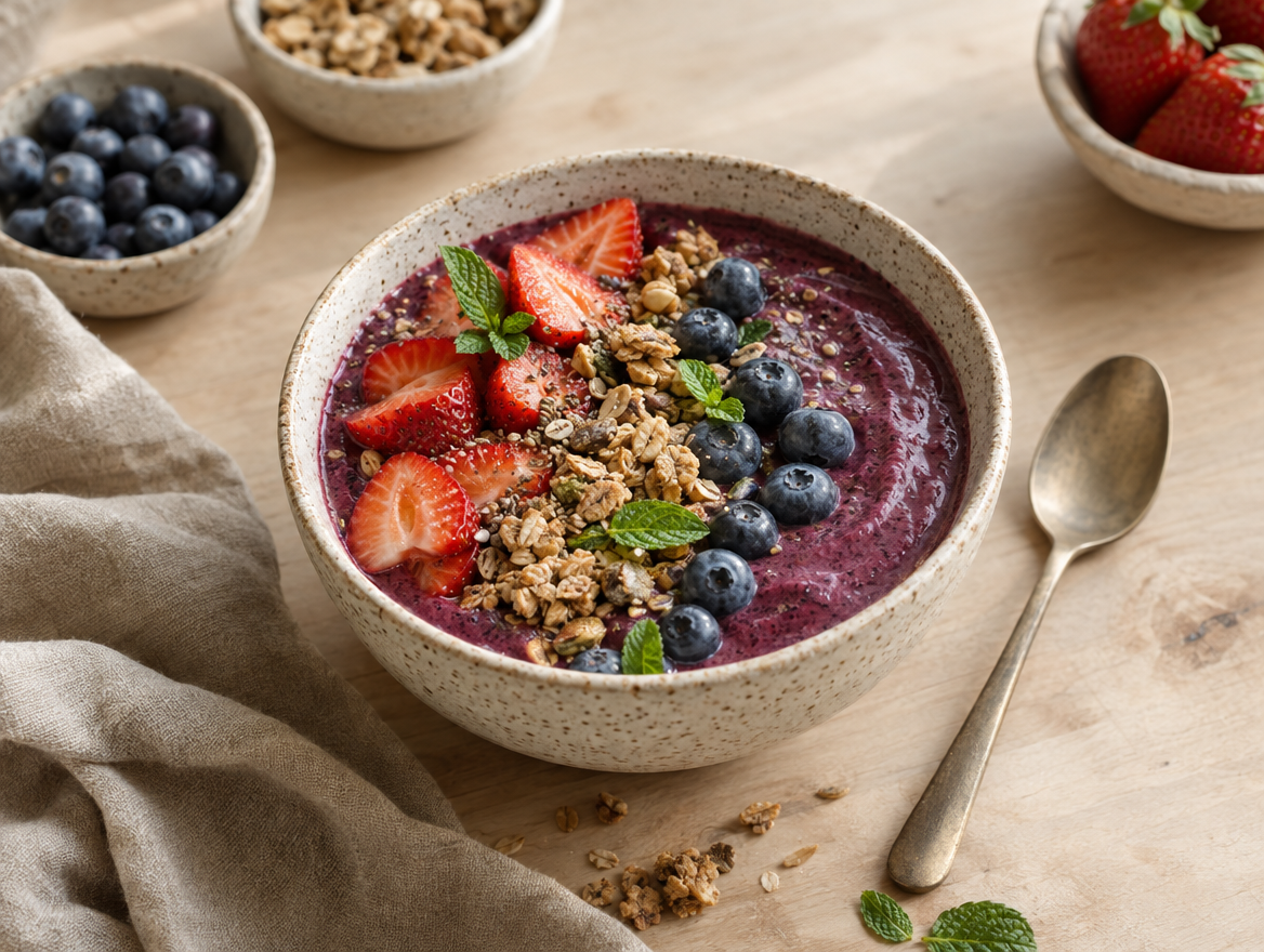 Berry smoothie bowl topped with fruit and granola