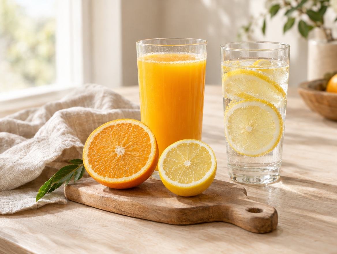 Orange juice and lemon water for a collagen drink
