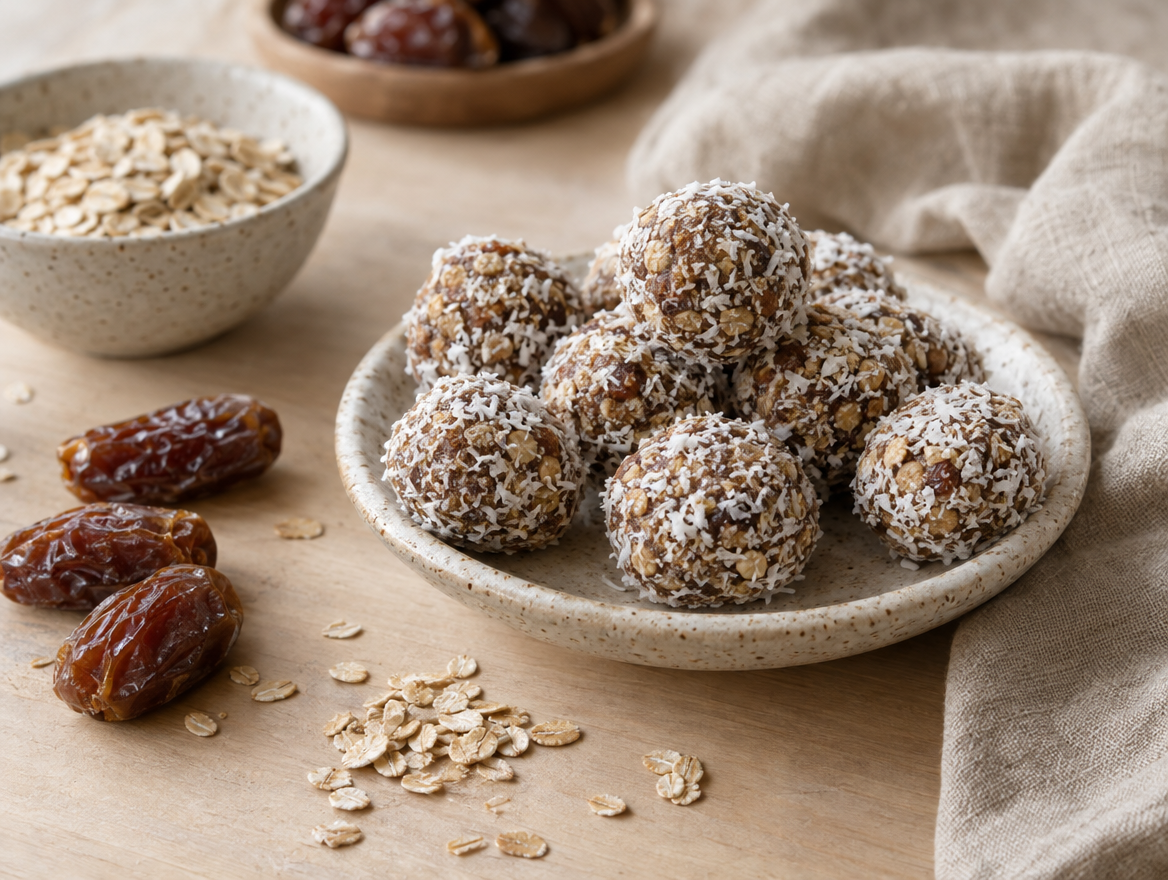 Date and oat energy balls rolled in coconut